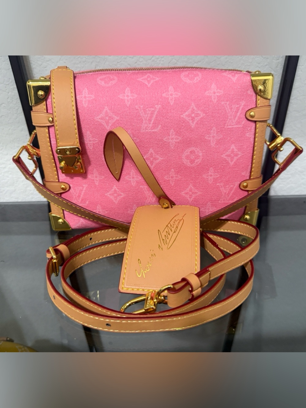 Louis Vuitton Pink Monogram Mini Trunk Crossbody with Tan Trim
